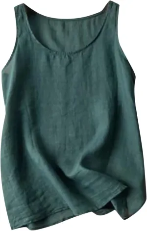 2025 Cotton Linen Tank Tops Sleeveless Crew Neck Tees Shirts Women Elegant Solid Color Lightweight Comfy Blouses
