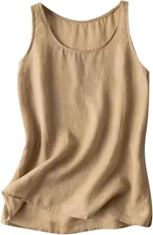 2025 Cotton Linen Tank Tops Sleeveless Crew Neck Tees Shirts Women Elegant Solid Color Lightweight Comfy Blouses
