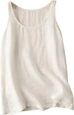 2025 Cotton Linen Tank Tops Sleeveless Crew Neck Tees Shirts Women Elegant Solid Color Lightweight Comfy Blouses