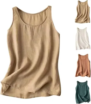 2025 Cotton Linen Tank Tops Women Sleeveless Crew Neck Tees Shirts Elegant Solid Color Lightweight Comfy Blouses