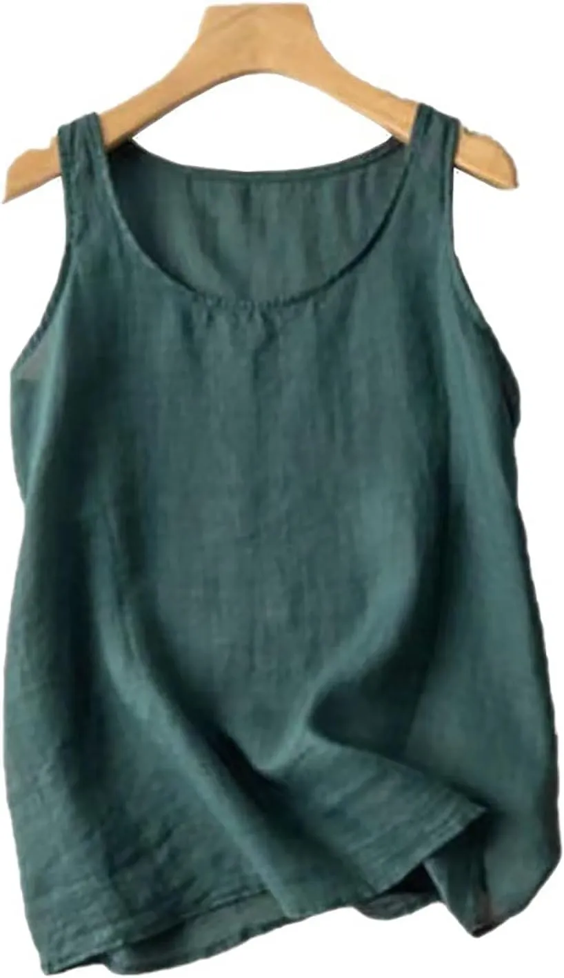 2025 Cotton Linen Tank Tops Women Sleeveless Crew Neck Tees Shirts Elegant Solid Color Lightweight Comfy Blouses