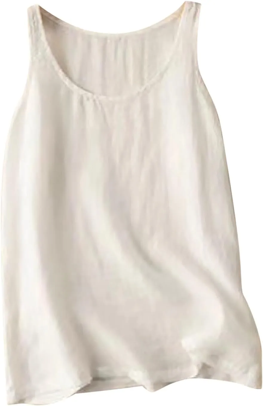 2025 Cotton Linen Tank Tops Women Sleeveless Crew Neck Tees Shirts Elegant Solid Color Lightweight Comfy Blouses