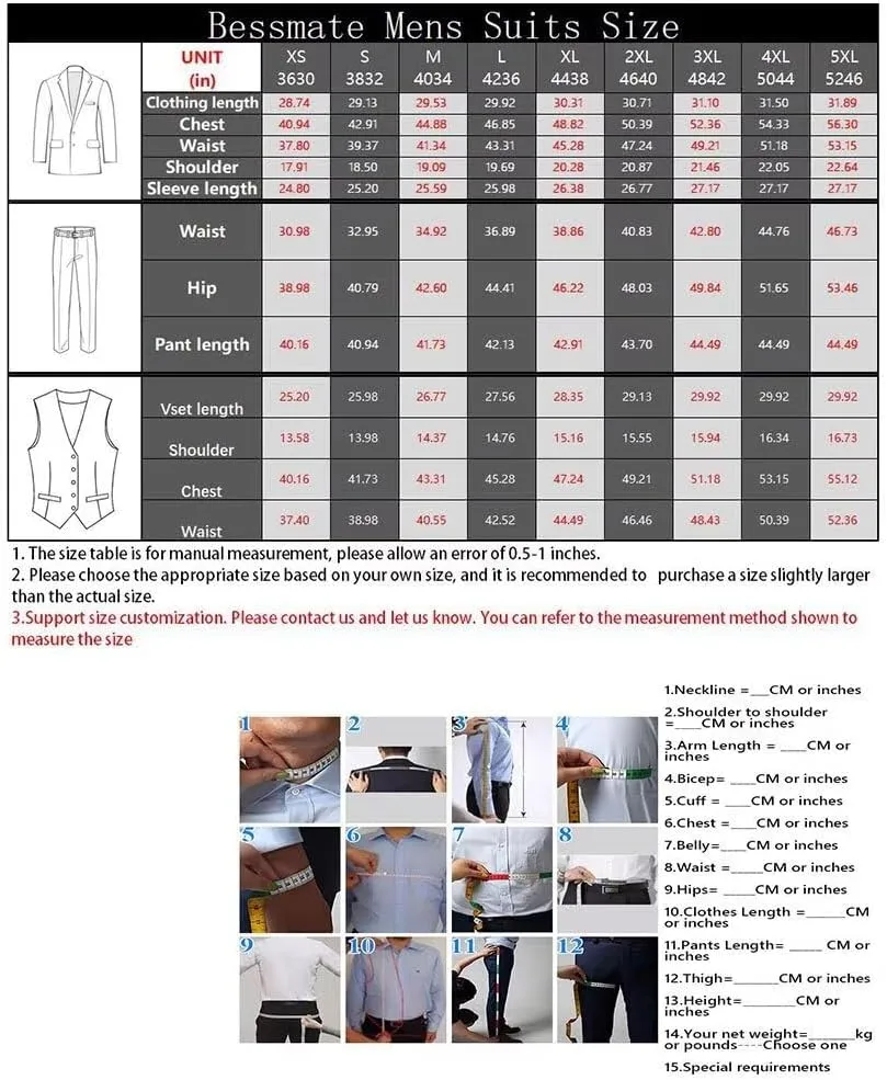3 Pieces Men's Slim Fit Suit Double Breasted Wedding Suits for Men Blazer Prom Jackets Vests Pants Suits