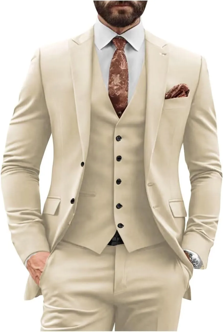 3 Pieces Slim Fit Suit Men Suits for Wedding Single Breasted Suit Two Button Peak Lapel Blazer Vest Pants Sets