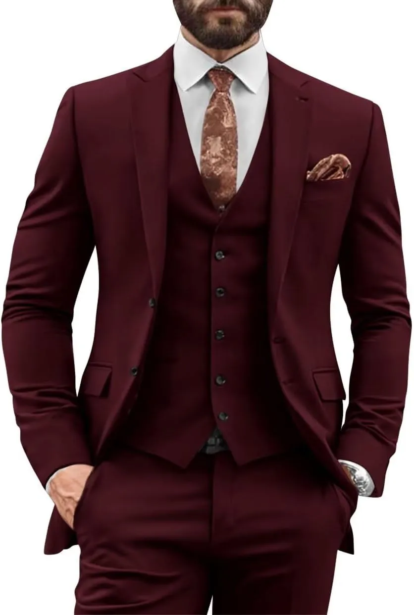 3 Pieces Slim Fit Suit Men Suits for Wedding Single Breasted Suit Two Button Peak Lapel Blazer Vest Pants Sets