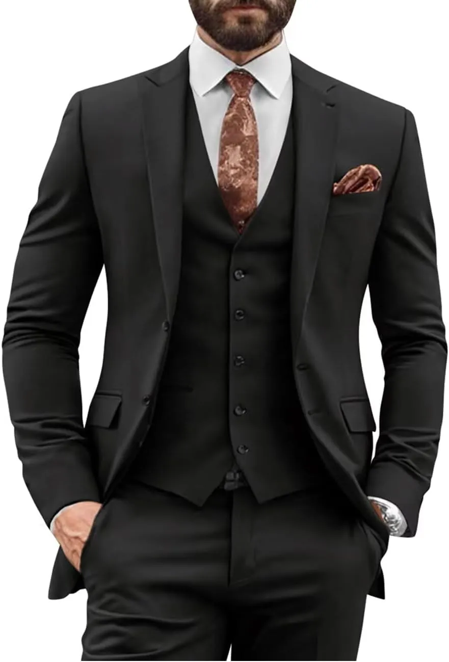 3 Pieces Slim Fit Suit Men Suits for Wedding Single Breasted Suit Two Button Peak Lapel Blazer Vest Pants Sets