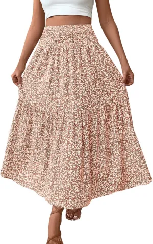 A-Line Layered Flowy Skirt for Women Summer Boho Floral Maxi Skirts Casual Trendy Swing Pleated Beach Long Skirts