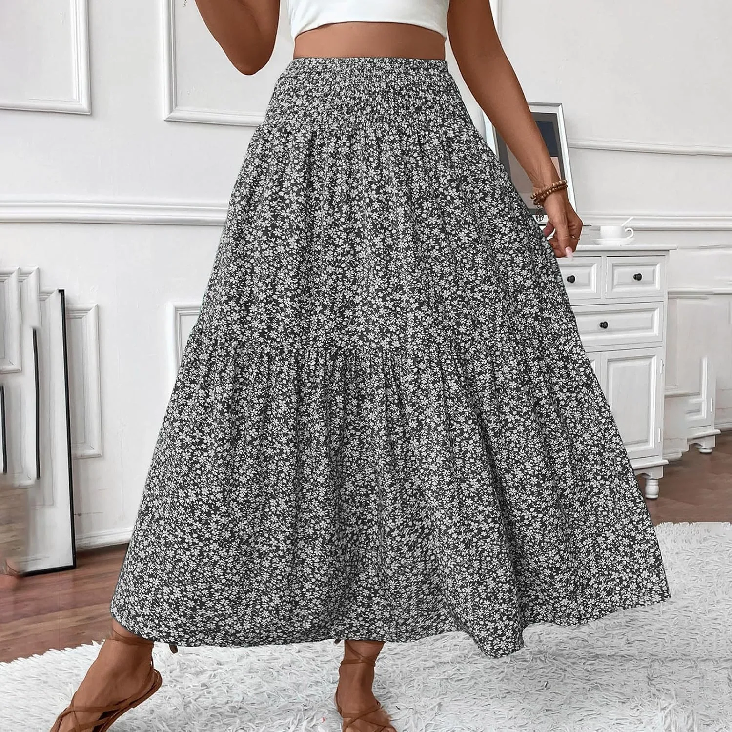 A-Line Layered Flowy Skirt for Women Summer Boho Floral Maxi Skirts Casual Trendy Swing Pleated Beach Long Skirts