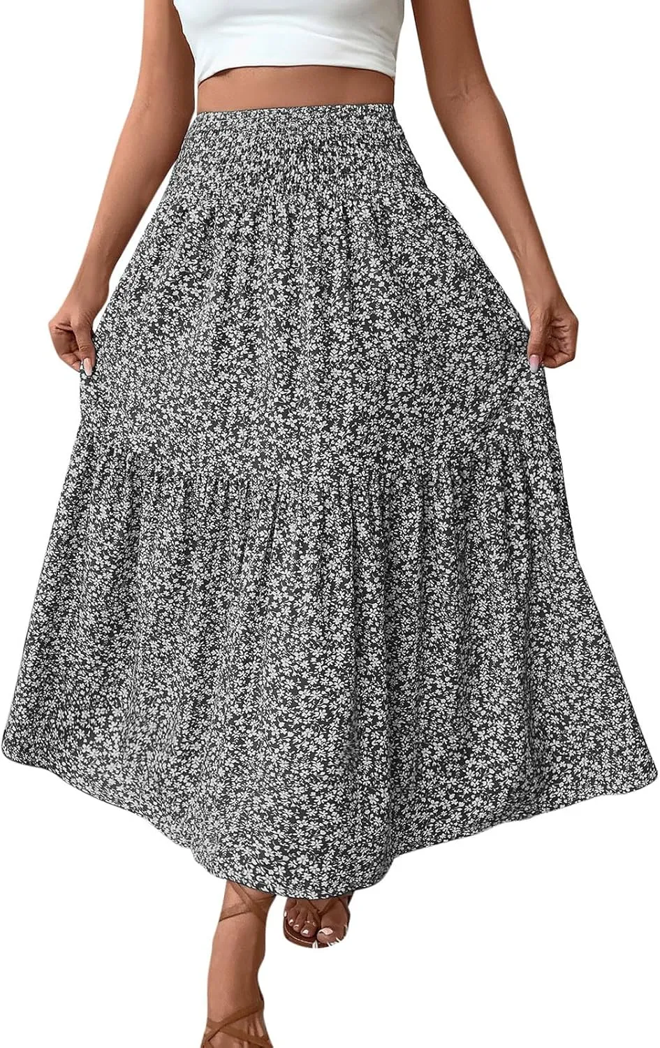 A-Line Layered Flowy Skirt for Women Summer Boho Floral Maxi Skirts Casual Trendy Swing Pleated Beach Long Skirts