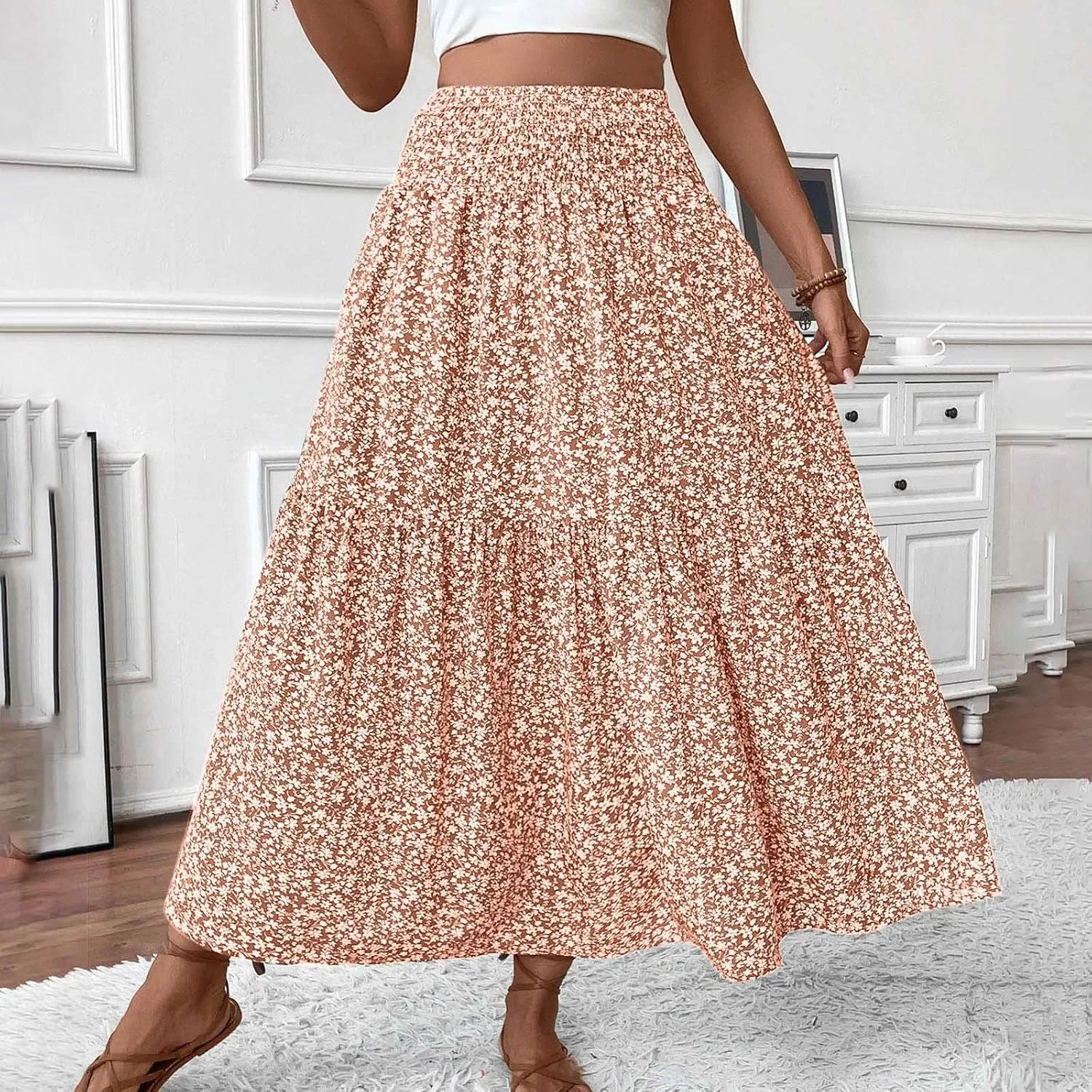A-Line Layered Flowy Skirt for Women Summer Boho Floral Maxi Skirts Casual Trendy Swing Pleated Beach Long Skirts