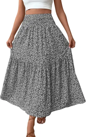 A-Line Layered Flowy Skirt for Women Summer Boho Floral Maxi Skirts Casual Trendy Swing Pleated Beach Long Skirts
