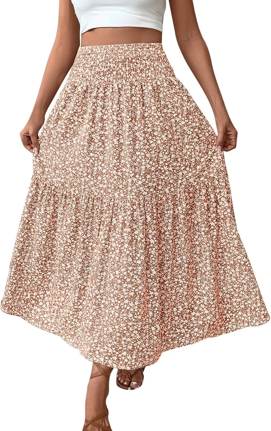 A-Line Layered Flowy Skirt for Women Summer Boho Floral Maxi Skirts Casual Trendy Swing Pleated Beach Long Skirts