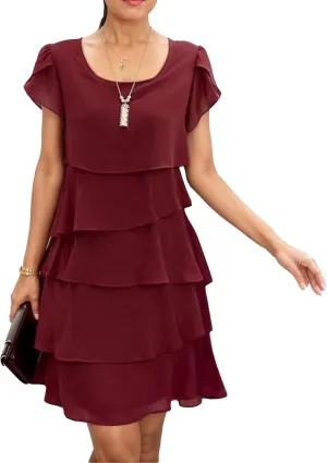 Akivide Women's Elegant Chiffon Dresses Ruffle Tiered Layered Crewneck Flutter Sleeve Cocktail Party Flowy Midi Dress