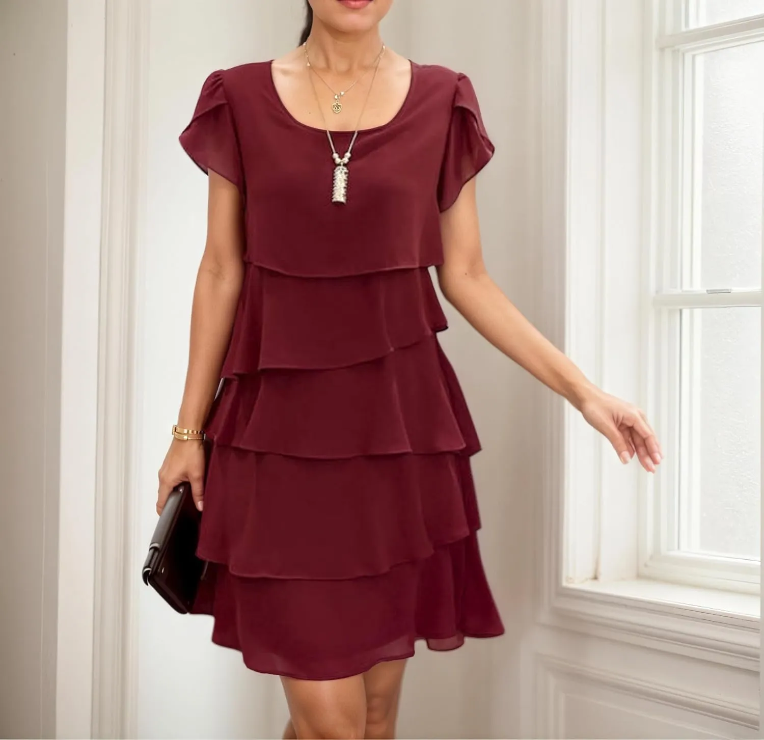 Akivide Women's Elegant Chiffon Dresses Ruffle Tiered Layered Crewneck Flutter Sleeve Cocktail Party Flowy Midi Dress
