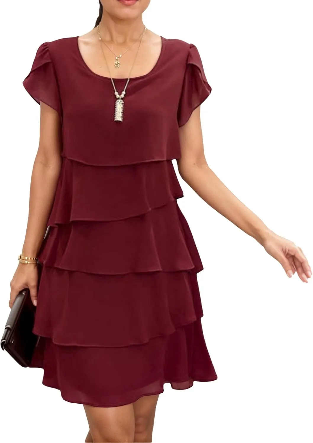 Akivide Women's Elegant Chiffon Dresses Ruffle Tiered Layered Crewneck Flutter Sleeve Cocktail Party Flowy Midi Dress