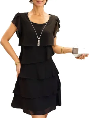 Akivide Women's Elegant Chiffon Dresses Ruffle Tiered Layered Crewneck Flutter Sleeve Cocktail Party Flowy Midi Dress