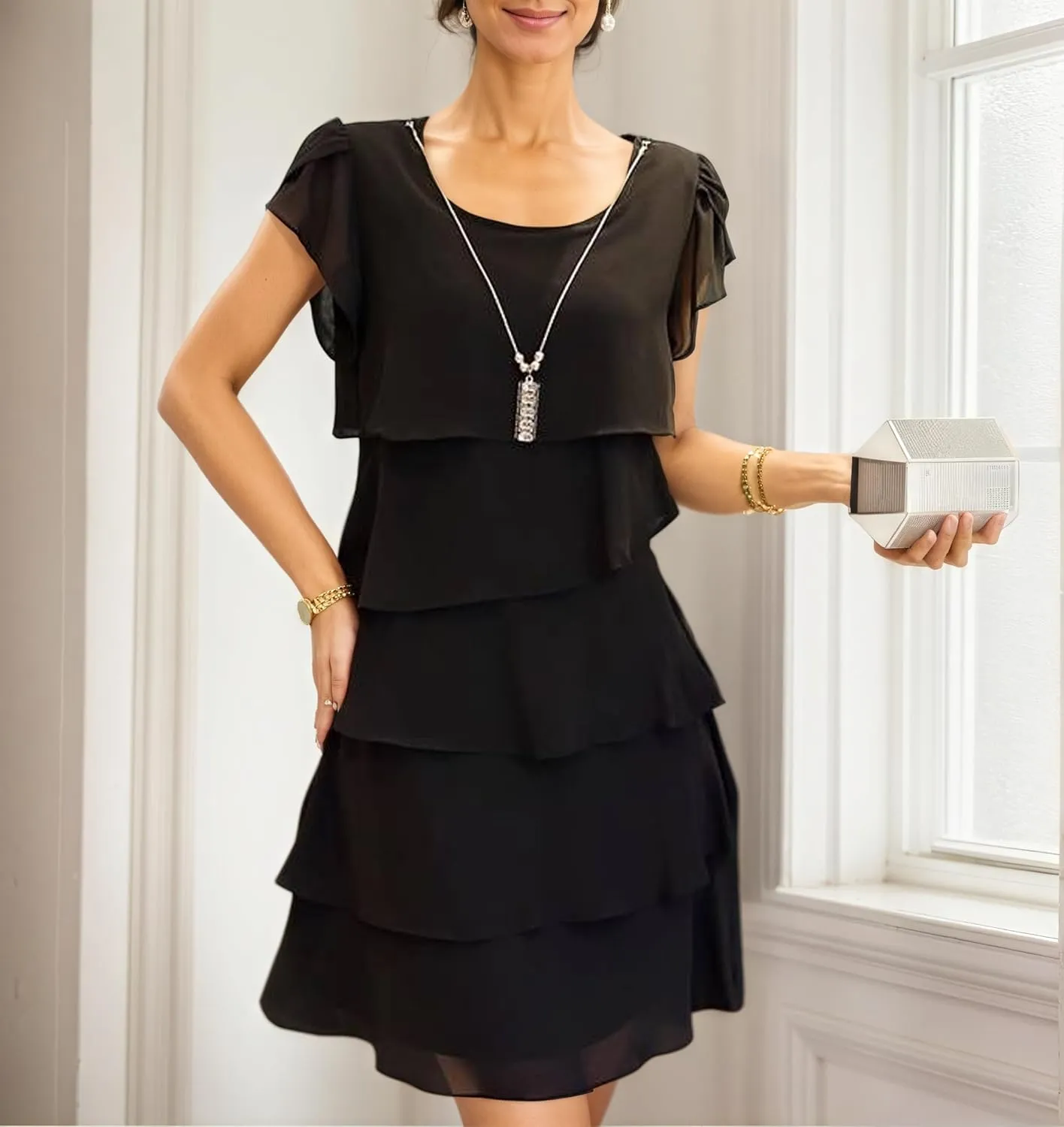 Akivide Women's Elegant Chiffon Dresses Ruffle Tiered Layered Crewneck Flutter Sleeve Cocktail Party Flowy Midi Dress