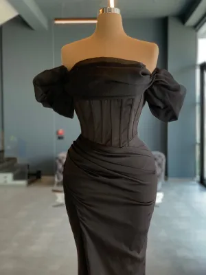 Alina Short Puffy Sleeves Black Evening Dress
