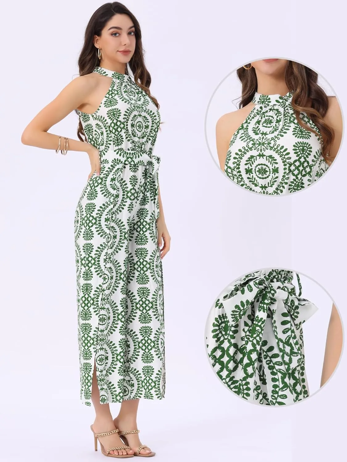 Allegra K Casual Sleeveless Jumpsuit for Women's Boho Pattern Tie Halter Neck Beach Slit Wide Leg Pants