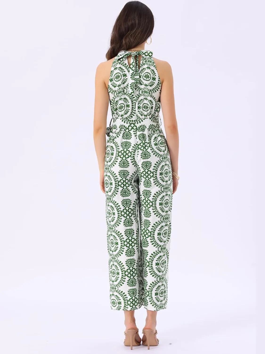 Allegra K Casual Sleeveless Jumpsuit for Women's Boho Pattern Tie Halter Neck Beach Slit Wide Leg Pants