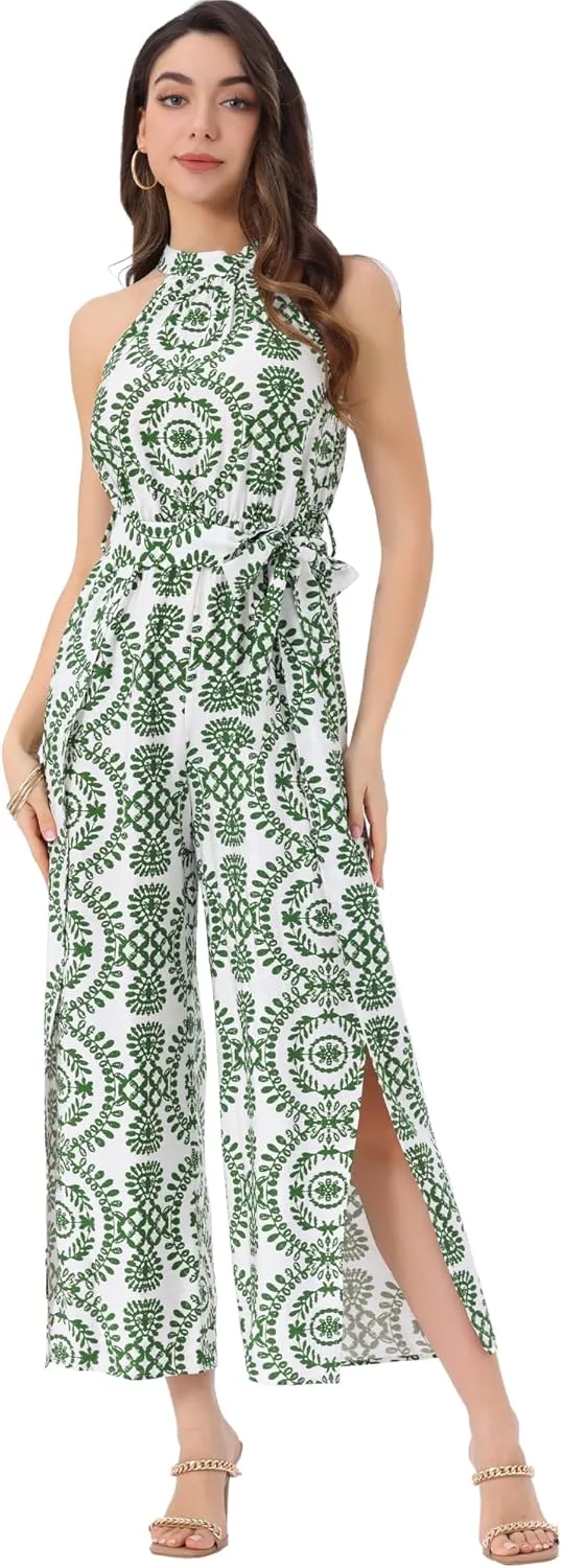 Allegra K Casual Sleeveless Jumpsuit for Women's Boho Pattern Tie Halter Neck Beach Slit Wide Leg Pants