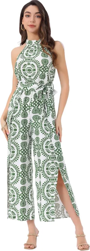 Allegra K Casual Sleeveless Jumpsuit for Women's Boho Pattern Tie Halter Neck Beach Slit Wide Leg Pants