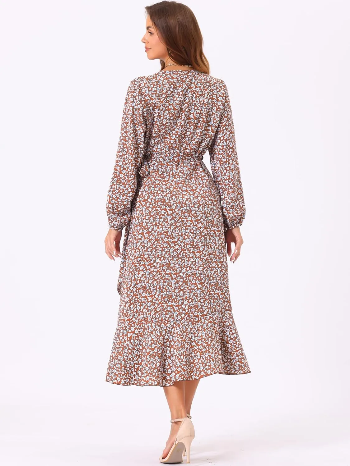 Allegra K Women's Long Sleeve Midi Dress Tie Waist Vintage Floral Print Wrap Boho Flowy Long Dresses