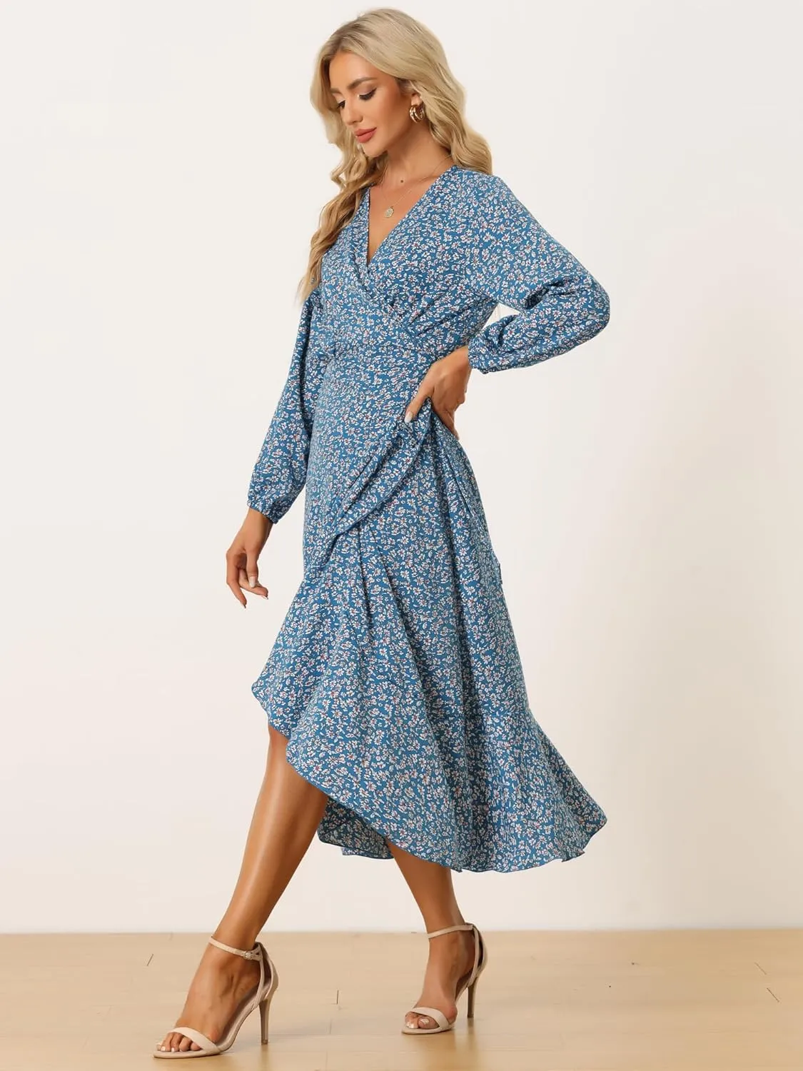 Allegra K Women's Long Sleeve Midi Dress Tie Waist Vintage Floral Print Wrap Boho Flowy Long Dresses