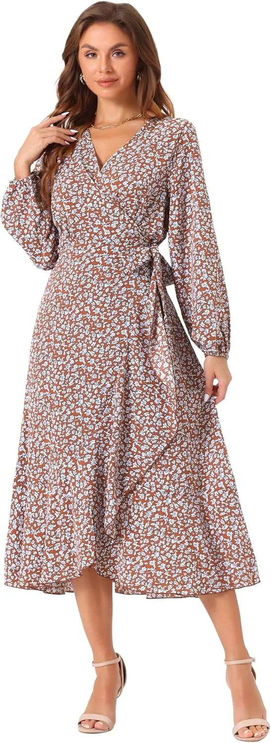 Allegra K Women's Long Sleeve Midi Dress Tie Waist Vintage Floral Print Wrap Boho Flowy Long Dresses