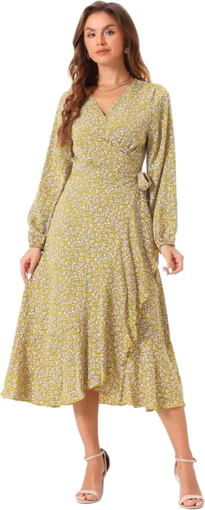 Allegra K Women's Long Sleeve Midi Dress Tie Waist Vintage Floral Print Wrap Boho Flowy Long Dresses