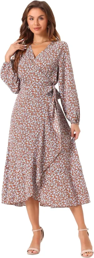Allegra K Women's Long Sleeve Midi Dress Tie Waist Vintage Floral Print Wrap Boho Flowy Long Dresses