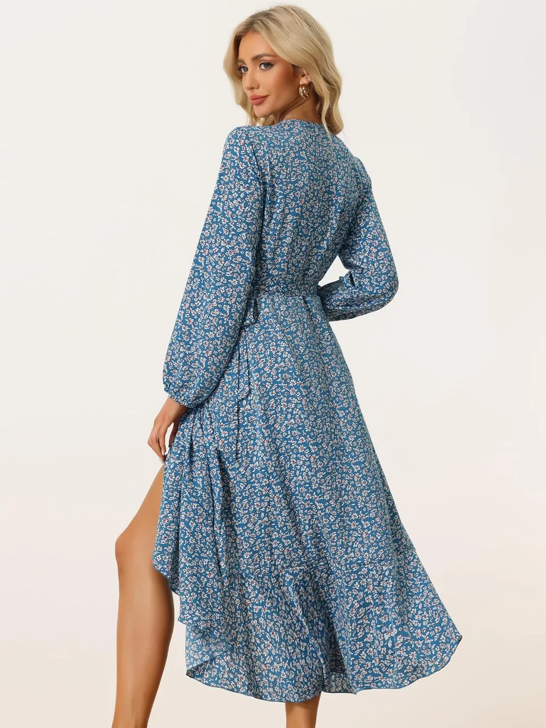 Allegra K Women's Long Sleeve Midi Dress Tie Waist Vintage Floral Print Wrap Boho Flowy Long Dresses