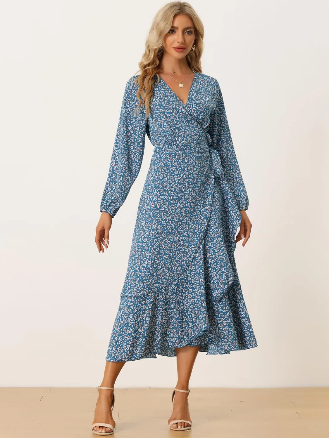 Allegra K Women's Long Sleeve Midi Dress Tie Waist Vintage Floral Print Wrap Boho Flowy Long Dresses