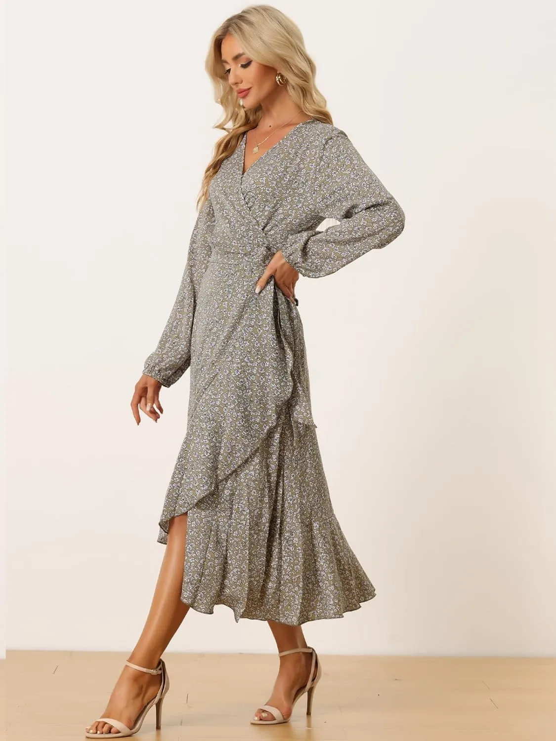 Allegra K Women's Long Sleeve Midi Dress Tie Waist Vintage Floral Print Wrap Boho Flowy Long Dresses