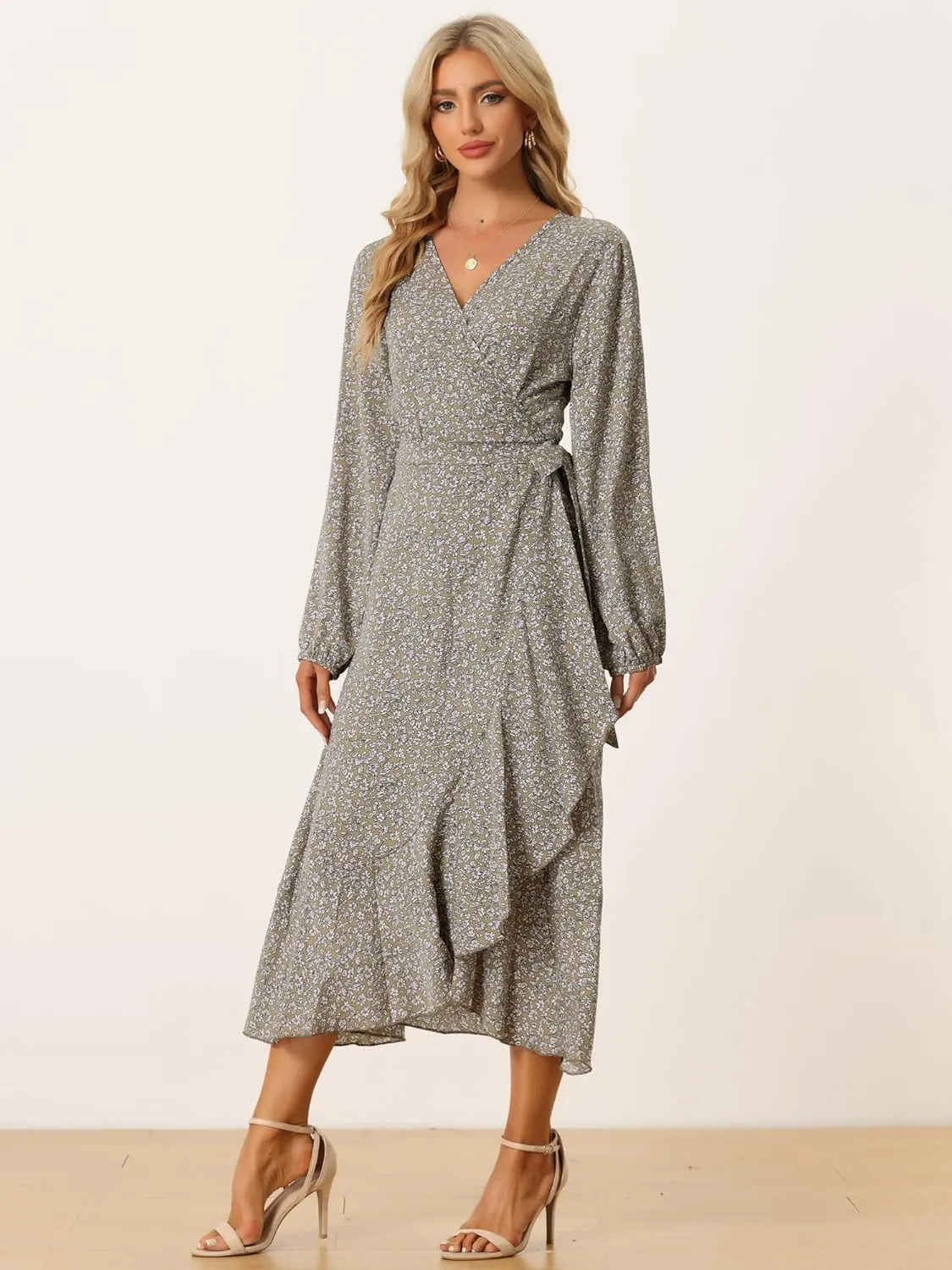 Allegra K Women's Long Sleeve Midi Dress Tie Waist Vintage Floral Print Wrap Boho Flowy Long Dresses