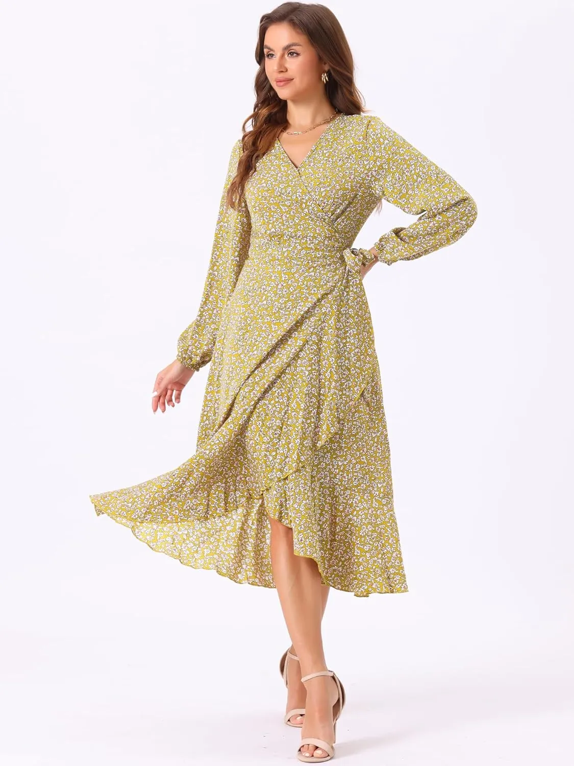 Allegra K Women's Long Sleeve Midi Dress Tie Waist Vintage Floral Print Wrap Boho Flowy Long Dresses