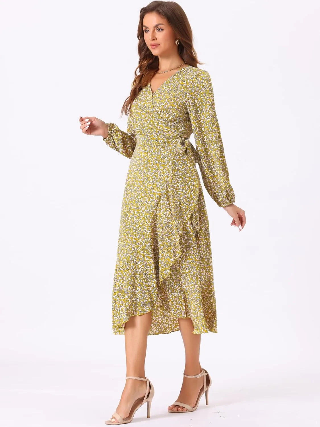 Allegra K Women's Long Sleeve Midi Dress Tie Waist Vintage Floral Print Wrap Boho Flowy Long Dresses