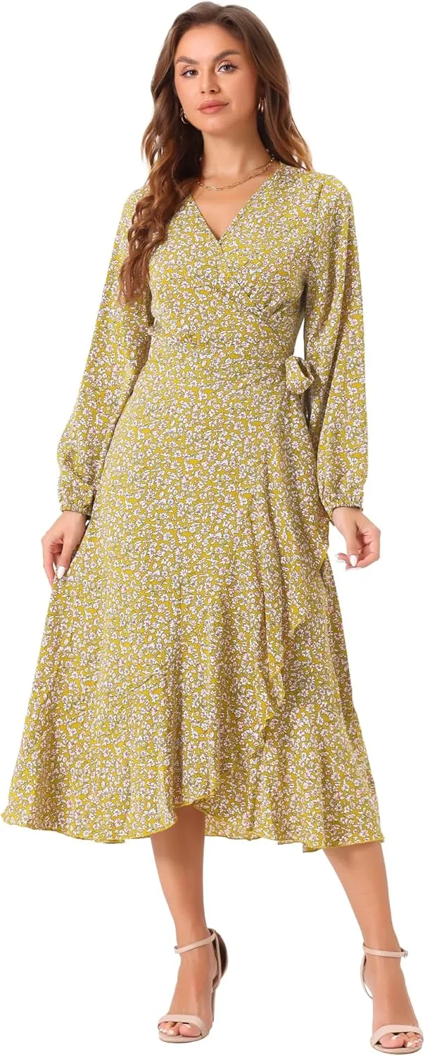 Allegra K Women's Long Sleeve Midi Dress Tie Waist Vintage Floral Print Wrap Boho Flowy Long Dresses