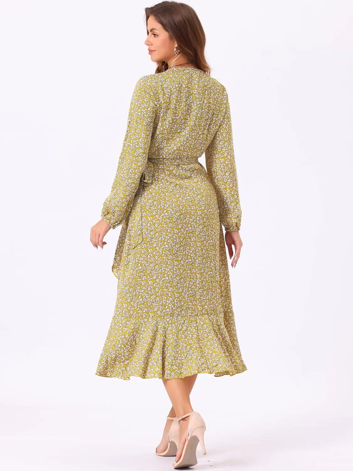 Allegra K Women's Long Sleeve Midi Dress Tie Waist Vintage Floral Print Wrap Boho Flowy Long Dresses