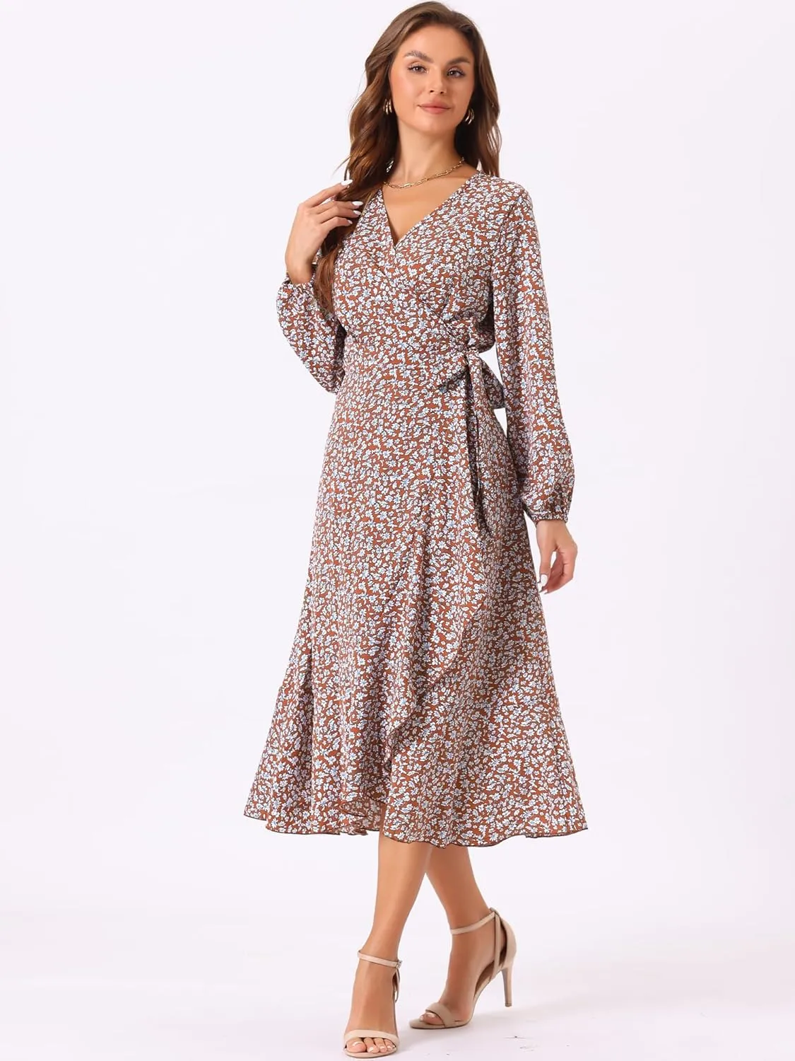 Allegra K Women's Long Sleeve Midi Dress Tie Waist Vintage Floral Print Wrap Boho Flowy Long Dresses
