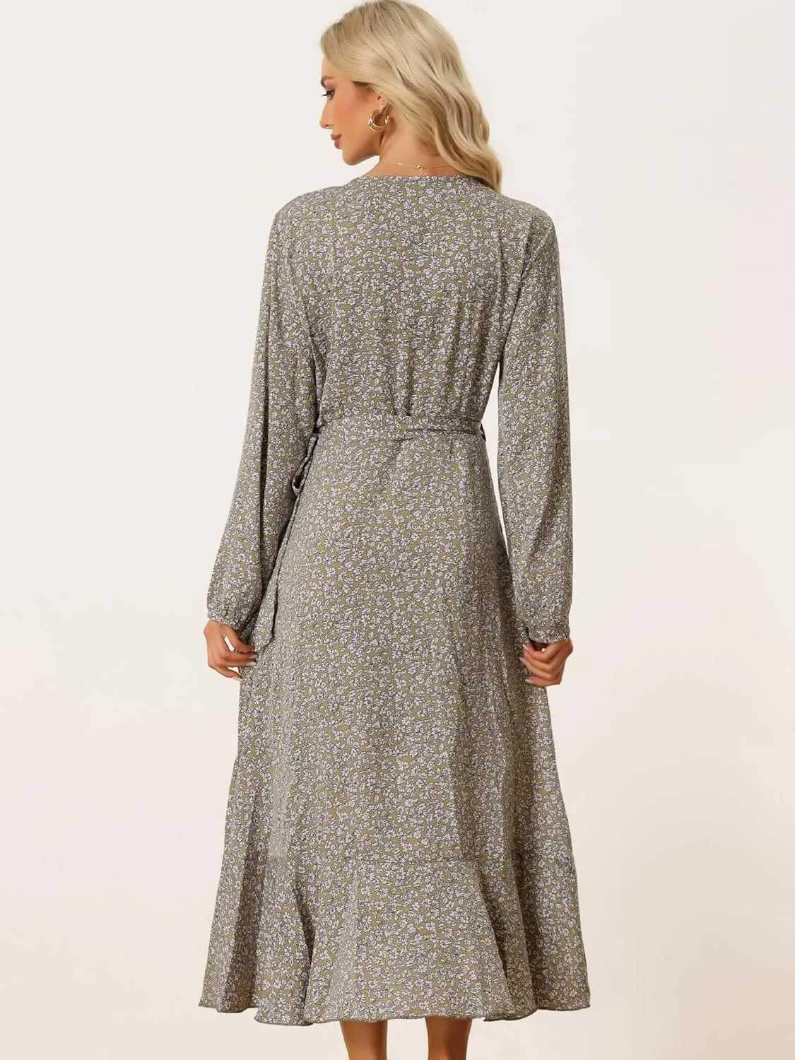 Allegra K Women's Long Sleeve Midi Dress Tie Waist Vintage Floral Print Wrap Boho Flowy Long Dresses
