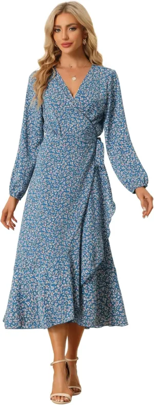 Allegra K Women's Long Sleeve Midi Dress Tie Waist Vintage Floral Print Wrap Boho Flowy Long Dresses