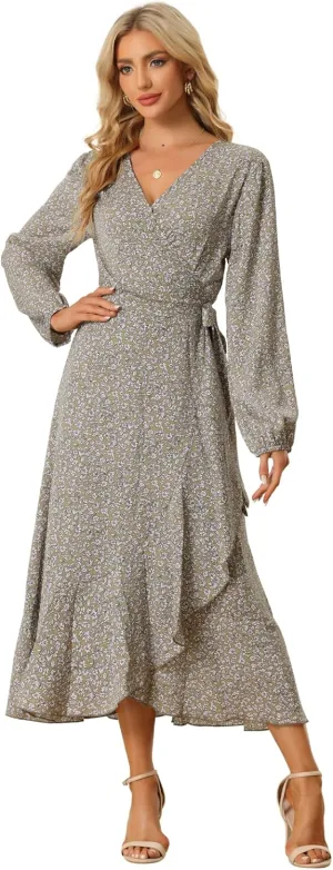 Allegra K Women's Long Sleeve Midi Dress Tie Waist Vintage Floral Print Wrap Boho Flowy Long Dresses