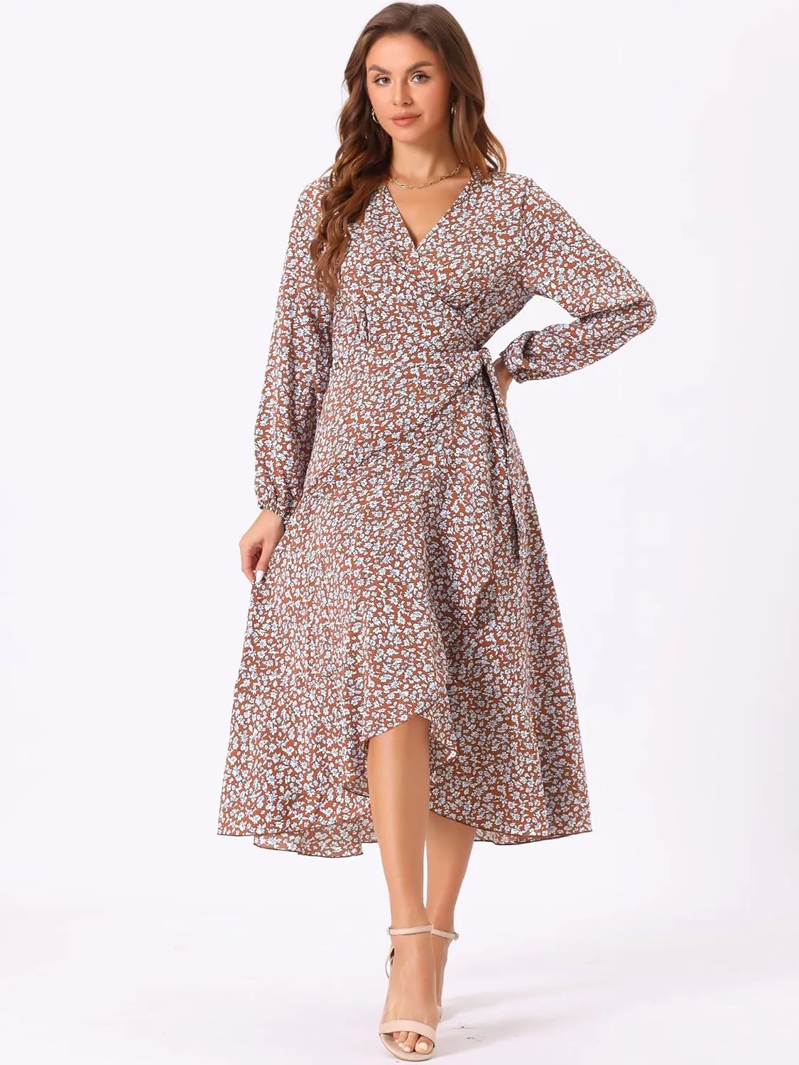 Allegra K Women's Long Sleeve Midi Dress Tie Waist Vintage Floral Print Wrap Boho Flowy Long Dresses