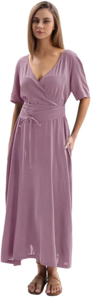 Amazhiyu Womens Linen Short Sleeve V Neck Wrap Maxi Dress Belt Tie with Pockets