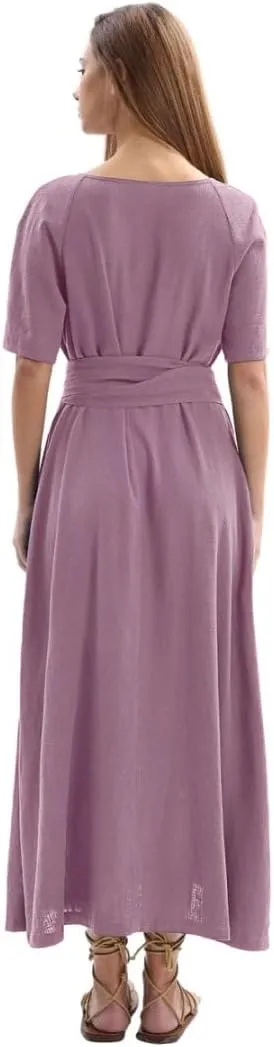 Amazhiyu Womens Linen Short Sleeve V Neck Wrap Maxi Dress Belt Tie with Pockets