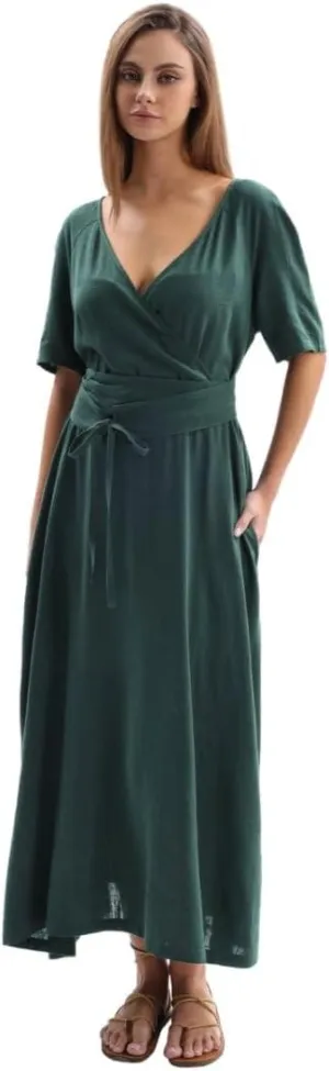 Amazhiyu Womens Linen Short Sleeve V Neck Wrap Maxi Dress Belt Tie with Pockets