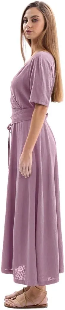 Amazhiyu Womens Linen Short Sleeve V Neck Wrap Maxi Dress Belt Tie with Pockets