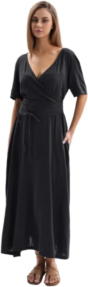 Amazhiyu Womens Linen Short Sleeve V Neck Wrap Maxi Dress Belt Tie with Pockets