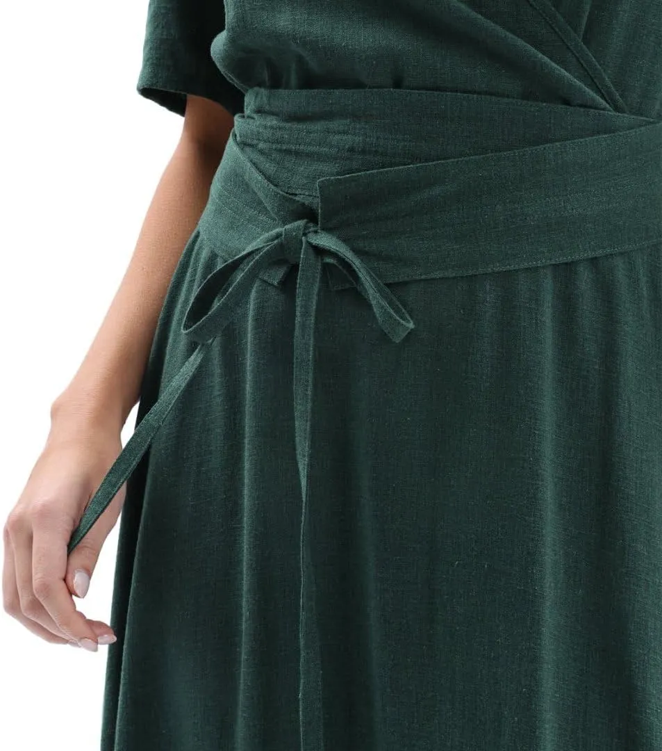 Amazhiyu Womens Linen Short Sleeve V Neck Wrap Maxi Dress Belt Tie with Pockets